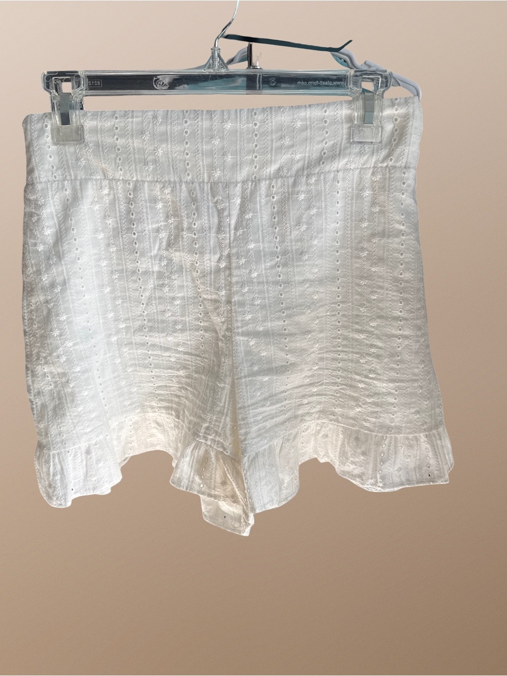 BCBGeneration White Eyelet Ruffle-Trim High Waist Shorts